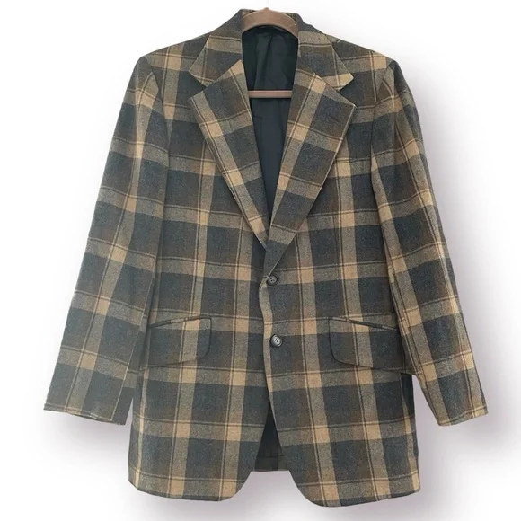 VINTAGE 70’s JOHNNY CARSON Wool Plaid Oversized Blazer Size 10 - Picture 1 of 4